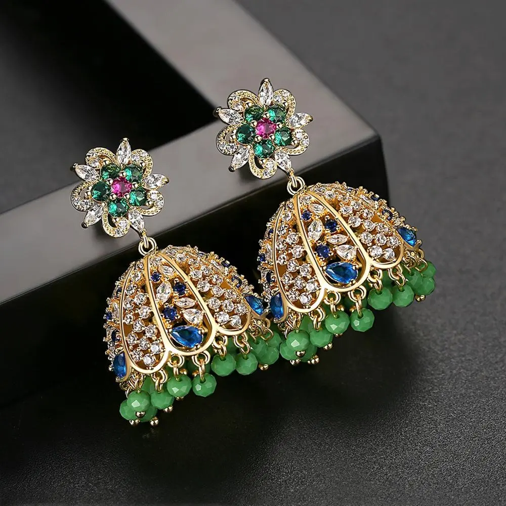 Indian Jhumka Crystal Beads Bridal Drop Earrings for Women Wedding Bridal Party Tassel Pendientes Femme Christmas Gifts Jewelry