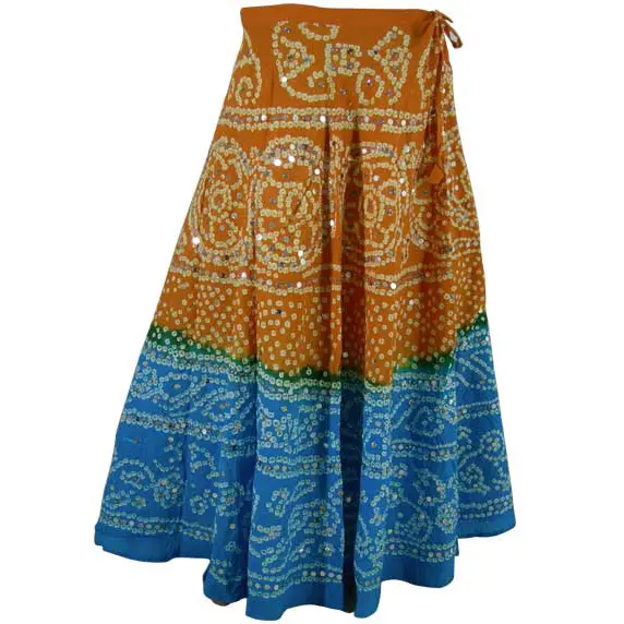 Jahitan Tangan Tradisional Tie & Dye Bhandej & Sequin Kerja Katun Rok Panjang Desainer Eksklusif Cermin Kerja Rok