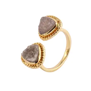 Nuovo stile 8mm trilione forma agata grigia anello druzy set di pinze placcate oro 24k di alta qualità anelli aperti regolabili in doppia pietra