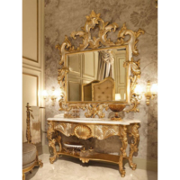 Table console de luxe européenne, finition dorée, bois massif, fabrication artisanale, design antique, haute durabilité, pour entrée, salon, hôtel, villa.
