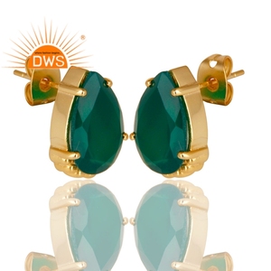 Green Onyx Gemstone Earrings 14k Yellow Gold Plated Brass Girls Fashion Stud Earrings Jewelry Manufacturer - Product Image 2