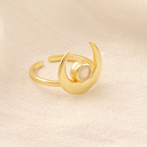 New design dainty pink chalcedony gemstone <b>ring</b> half crescent shape brass gold plated tiny <b>adjustable</b> woman wear designer <b>ring</b> - Product Image 5