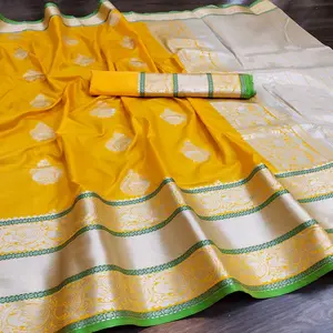 Kanchipuram Zijde Saree Party Wear Indiase Bruiloft Nieuwste Designer Banarasi Katoen Zijde Saree Met Blouse Vrouw Dragen