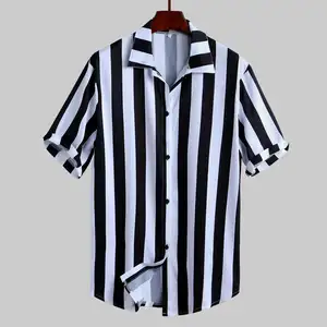 Men Casual Shirts Sublimation Loose Long Sleeve <b>Button</b> up Striped <b>Dress</b> Shirt <b>Black</b> and White Striped Shirt - Product Image 1