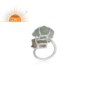 Raw Green Amethyst & Raw Aquamarine Gemstone Prong <b>Set</b> <b>Ring</b> Jewelry 925 <b>Sterling</b> Fine <b>Silver</b> Double <b>Ring</b> Manufacturer - Product Image 4