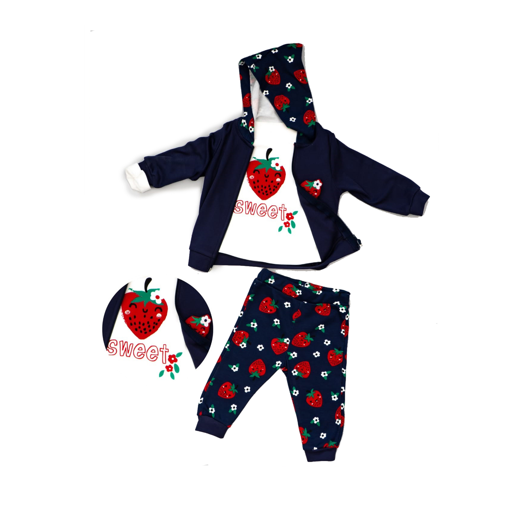 Горячая распродажа! Клубники для маленьких девочек, комплект из 3 предметов, пальто с капюшоном из мультфильмов, Весенняя мягкая одежда из хлопка для малышей, с помощью necix бренд