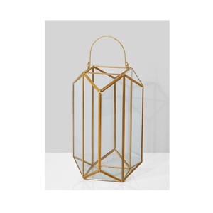 Metal & Glass <b>Tealight</b> Holder <b>Lantern</b> Style With Golden Finishing Hexagonal Shape Plain Design Good Quality for Home Decoration - Product Image 5