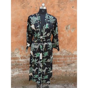 ฮิปปี้ชุดนอนแขนยาวพิมพ์ลายป่า,ชุดคลุมอาบน้ำสไตล์กิโมโนพิมพ์ลาย Maxi เสื้อคลุมผ้าฝ้ายผู้หญิงเซ็กซี่อินเดียสีดำ - Product Image 2