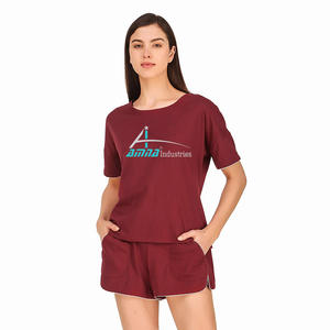 Camiseta de cuello redondo de color granate para mujer, conjuntos cortos de algodón puro, moda para dormir - Product Image 1