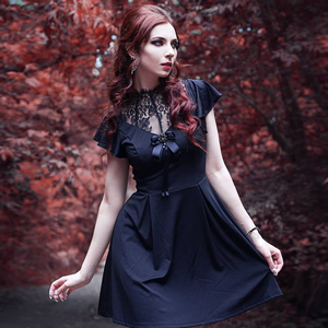 OEM Retro manga corta Flutter Patchwork cuello A-Line verano Vintage vestidos de <span class=keywords><strong>encaje</strong></span> de las señoras - Product Image 6