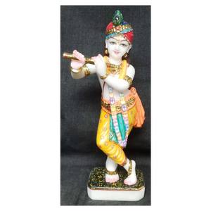 Estatua de pie de mármol artesanal colorida de dios Krishna con flauta - Product Image 1