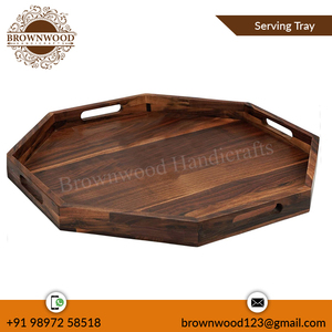 Bandeja de servicio grande de madera de acacia hecha a mano versátil con asas para comedor y uso bandeja de madera octogonal suministro directo de fábrica - Product Image 4