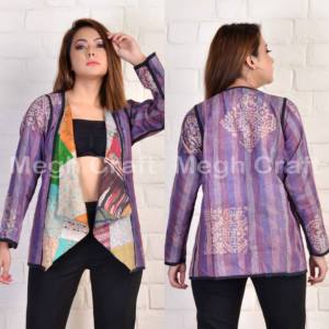 Indian Kantha Handwork Plus Size Reversible Cotton Shrug-Chaqueta con forro de seda de retazos transpirable ecológica - Product Image 2