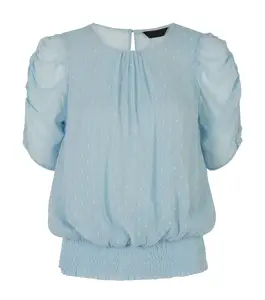 Latest Women Spot Metallic Stripe Puff Sleeve Pale White and blue Top Ladies Plus Size Casual Top