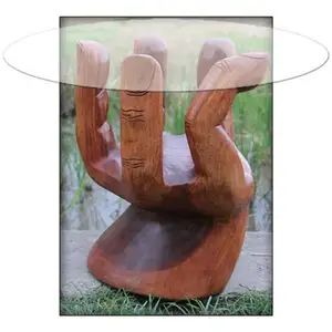 40CM 라운드 조각 손 모양의 유리 탑 테이블 솔리드 SUAR 나무 손 조각