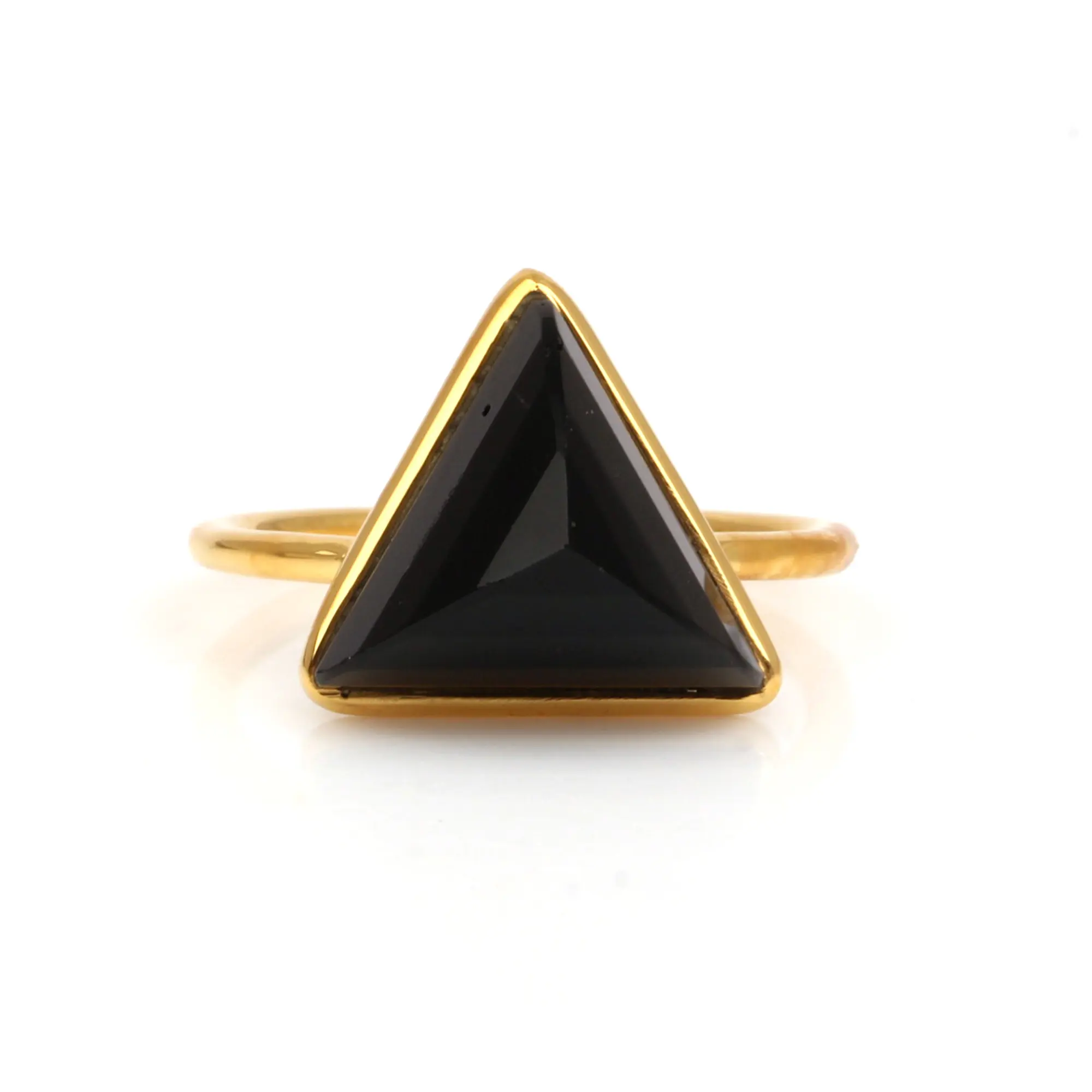 2024 Hot Selling 12mm Natural Black Onyx Gemstone Bezel Sterling Silver 18k Gold Plated Triangle Pyramid Cut Ring Women Jewelry