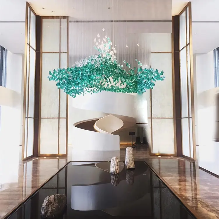 Großes Projekt Hohe Decke Hängende Skulptur Hotel Lobby Bankettsaal Dekoration Glas Stein Murano Glas Kristall Kronleuchter
