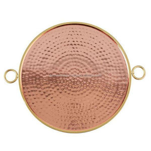 <b>Serving</b> <b>Tray</b> Decorative Hammered <b>Round</b> Copper <b>Tray</b> with Golden Ring Handle - Product Image 1