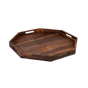 Bandeja de servicio grande de madera de acacia hecha a mano versátil con asas para comedor y uso bandeja de madera octogonal suministro directo de fábrica - Product Image 1