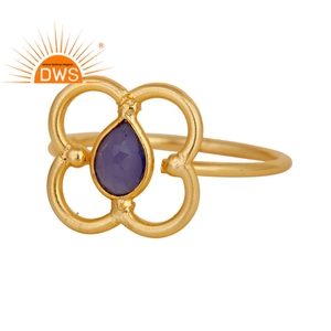 Bague en pierre précieuse bleue en calcédoine, bijoux de créateur, en or plaqué argent Sterling 18 carats, décoration artistique - Product Image 1