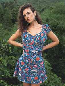 Summer Casual Off Shoulder Puffy Short Sleeves <b>Shirred</b> <b>Floral</b> Midi <b>Dress</b> Sexy Body Fitted Women's Short <b>Dress</b> at Bulk Prices OEM - Product Image 5