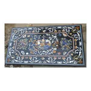 Rectangle <b>Black</b> Marble Inlaid Flower Decoration Dining Table Top - Product Image 1