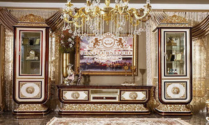 Vitrina de TV tallada italiana clásica para sala de estar, mueble de TV de lujo de estilo francés para sala de estar - Product Image 2