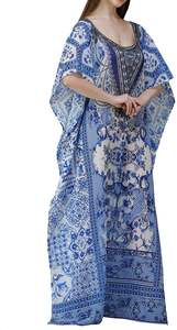 Haute qualité été Boho caftan pour femmes Satin tissu tissé bateau cou imprimé fleuri dos nu soleil gland genou longueur lavable - Product Image 5