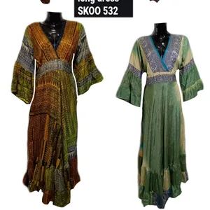 Toptan hint boho yeni ipek saree kumaş geleneksel bayanlar çok renkli tasarımlar şık konfeksiyon fırfır elbise