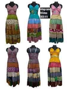 Vestido Sari Indio Vintage de Encaje y Seda, Largo hasta la Rodilla, Cuello en V, Multicolor, Elegante, Ropa Tradicional para Mujer, Estilo Bohemio, Informal, para Fiestas - Product Image 2