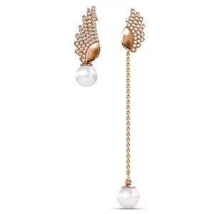 Premium Austrian Crystal Hypoallergenic Brass Dangle Drop Pearl And Wing Asymmetrical Stud Earrings For Women Destiny Jewellery