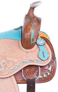 Ensemble de sellerie en cuir brun turquoise pour chevaux de style western, sculpté à la main, pour l'équitation anglaise, tailles 10 à 18 - Product Image 3