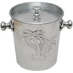 Seau à glace de qualité supérieure 1L en métal argenté martelé Design de palmier personnalisé avec couvercle et poignées pour les fêtes d'hôtel à domicile utilisation dans les bars