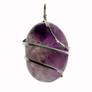 Amethyst Oval Pendant with Silver Plated Wire <b>Wrap</b> Classic Style Solitaire Charm Unisex <b>Gift</b> <b>Wedding</b> Jewelry - Product Image 1