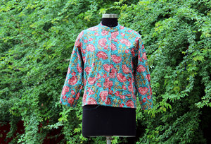 Handmade Reversible Boho Kantha Winter Finished <b>Short</b> Stand Collar Woven Cotton <b>Jacket</b> with Embroidery Decoration - Product Image 2