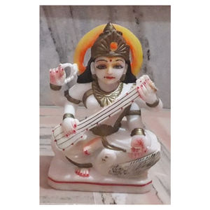 Hindus Religious Marble Saraswati Maa Statue White Makrana Marble Religious Colorful with Veena Positive Energy Statue - Product Image 1