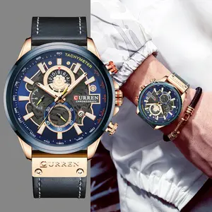 CURREN 8380手表男士品牌奢华休闲皮革表带运动石英表计时手表男士创意设计表盘