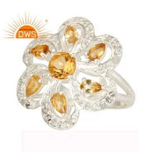 Floral Designer 925 Sterling Silver Cocktail Ring Jewelry Wholesaler Natural Citrine And White Topaz Gemstone Ring Jewelry