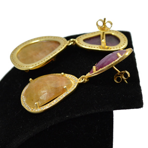 Boucles d'oreilles en plaqué or 18 carats avec plusieurs pierres précieuses en saphir rose et jaune, boucles d'oreilles en argent sterling pour femmes - Product Image 4