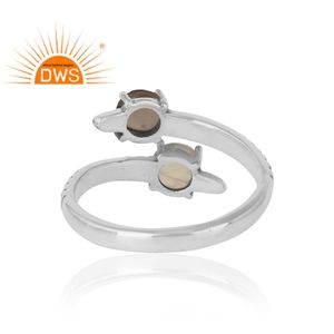 Round Cut <b>Opal</b> and Smoky Quartz Gemstone <b>Ring</b> Designer Sterling Silver Oxidized Adjustable <b>Ring</b> Jewelry Supplier - Product Image 4