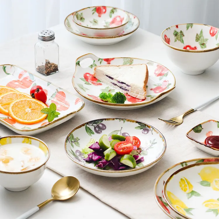 King-platos de cena de porcelana de cerámica con patrón de planta para restaurante nórdico, para horno de pizza
