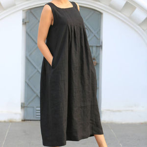 Nouvelle arrivée 2026, robe en lin pour femmes, tendance, design tendance, couleur noire, tissu crêpe, col en nœud, sans manches, longueur genou - Product Image 1