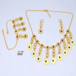 Women's Fashion Traditional Multi Color Gemstone Coin Necklace set with gold plating