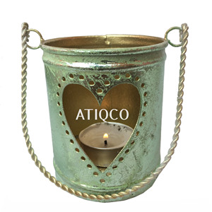 เชิงเทียนเหล็กรูปหัวใจสีเขียววินเทจพร้อมที่จับสไตล์บัลติสำหรับตกแต่งงานปาร์ตี้ที่รัก | ที่ใส่เทียนและขวดโหล - Product Image 1