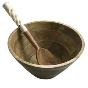 Bol en bois tendance Grand bol à salade ou à vaisselle en bois d'acacia naturel avec serveur pour cuisine, maison ou restaurant - Product Image 3