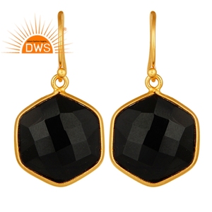 Bezel <b>Set</b> Black Onyx Dangle Earrings <b>Jewelry</b> Manufacturer 18k <b>Gold</b> Plated 925 Silver Designer Earrings <b>Jewelry</b> Supplier - Product Image 1