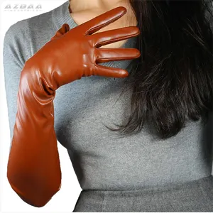 WOMEN LEATHER GLOVES Brown Lambskin Leather Halloween Evening Dress Party Finger long leather Gloves