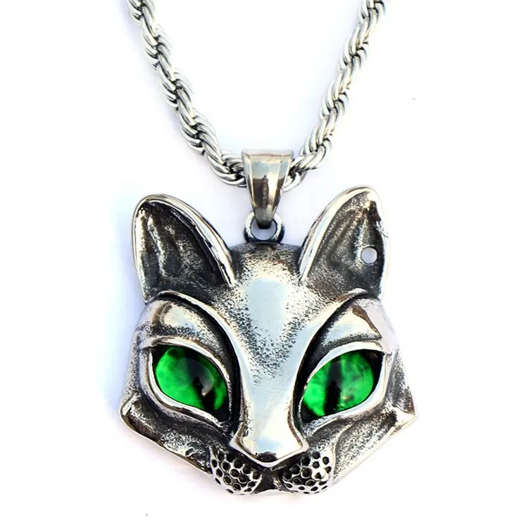 Stainless steel Animals jewelry green eye cat head necklace gemstone pendant