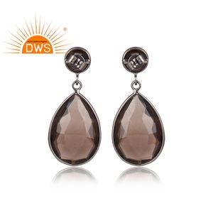 Poire En Forme De Quartz Fumé Sertie de Pierres Précieuses Boucle D'oreille Fabricant 925 Sterling Rhodium Plaqué Bijoux Fournisseur - Product Image 3