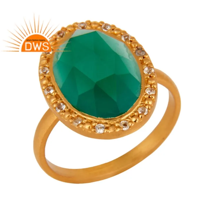 Cincin Koktail 925 Perak Berlapis Emas Kuning untuk Uniseks Pemasok Perhiasan Cincin Batu Permata Onyx Hijau Oval Chunky Grosir
